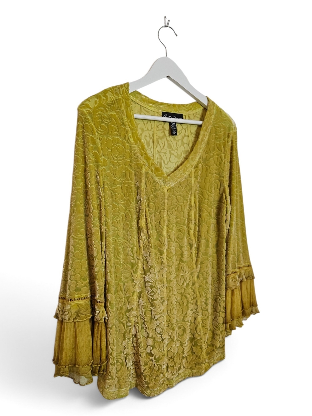 Gretty Zueger Blouse M Crushed Velvet Burnout Ruffle Bell Sleeve Chartreuse Silk